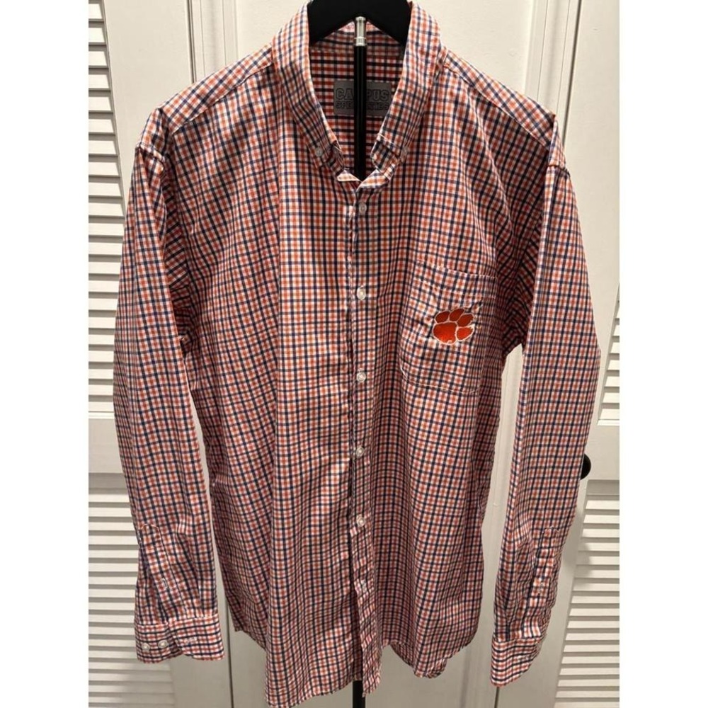 Campus Specialties Gingham Button Up Orange Navy Clemson Tigers Paw Logo SZ L